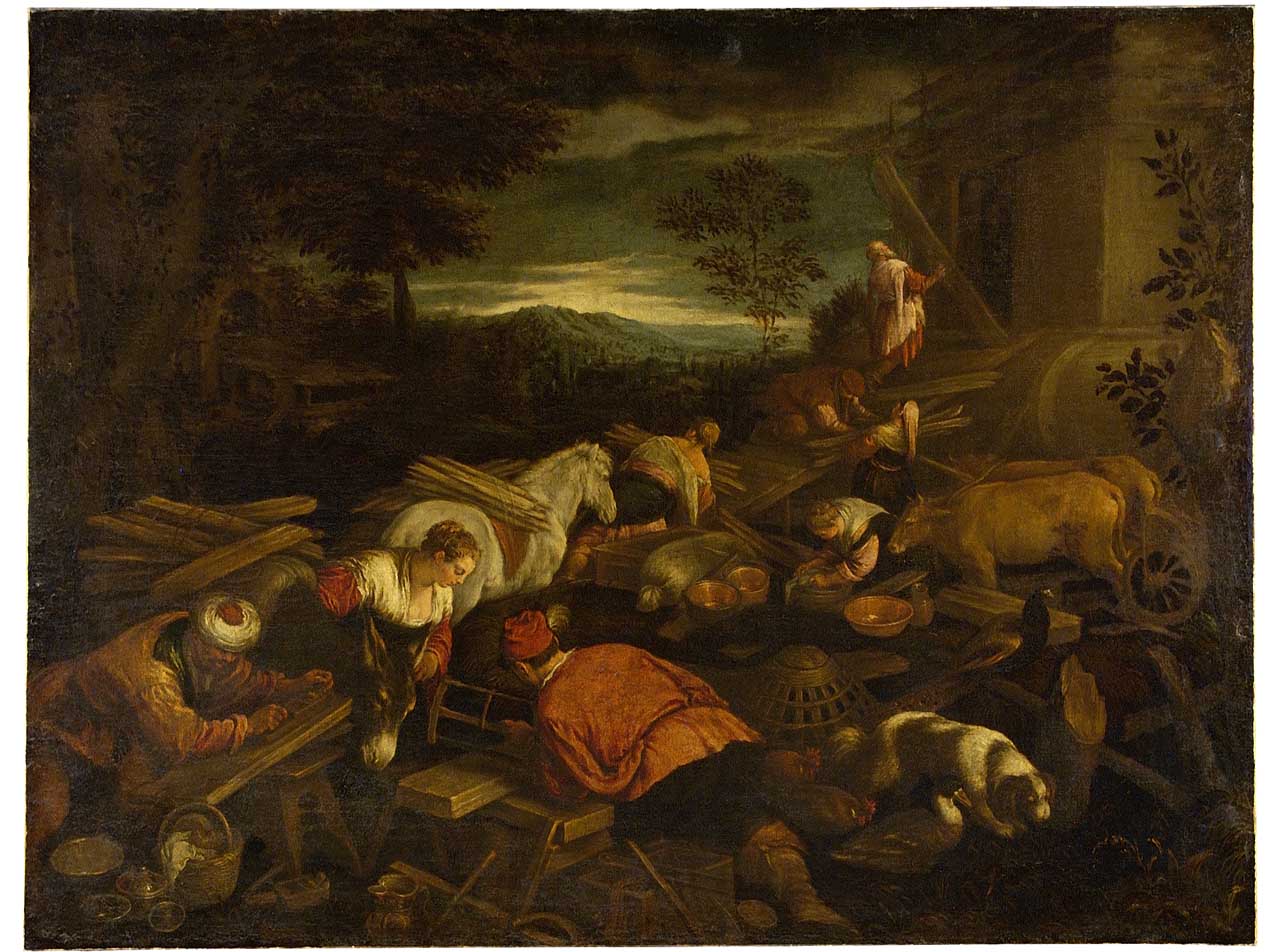 costruzione dell'arca di Noè (dipinto) di Bassano Jacopo (bottega) (fine sec. XVI)