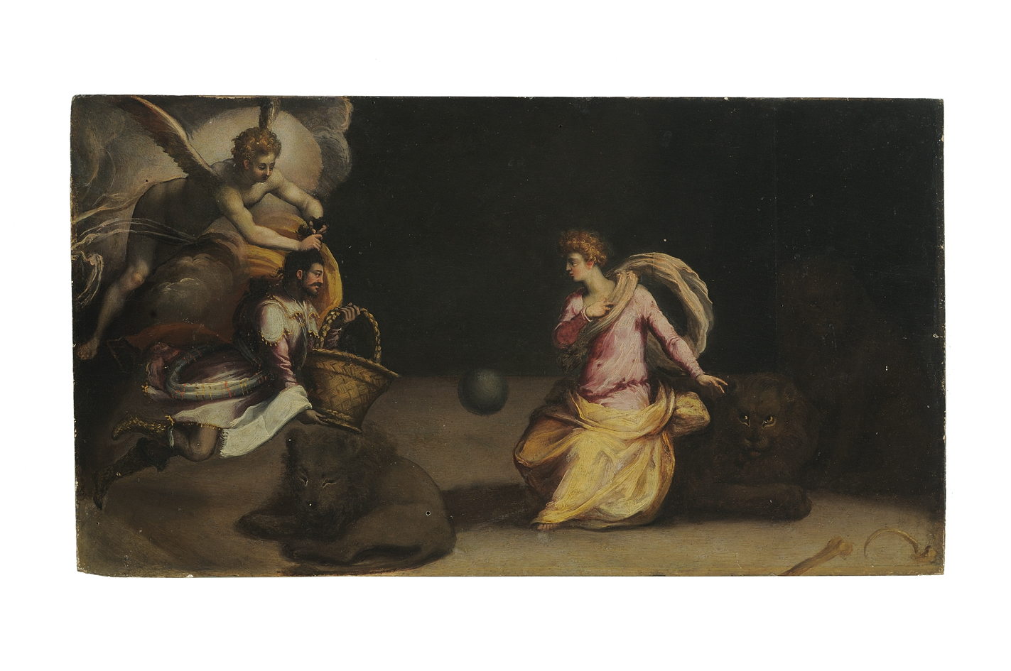 Abacuc trasportato dall'angelo porta il cibo a Daniele nella fossa dei leoni (dipinto) di Allori Alessandro (terzo quarto sec. XVI)