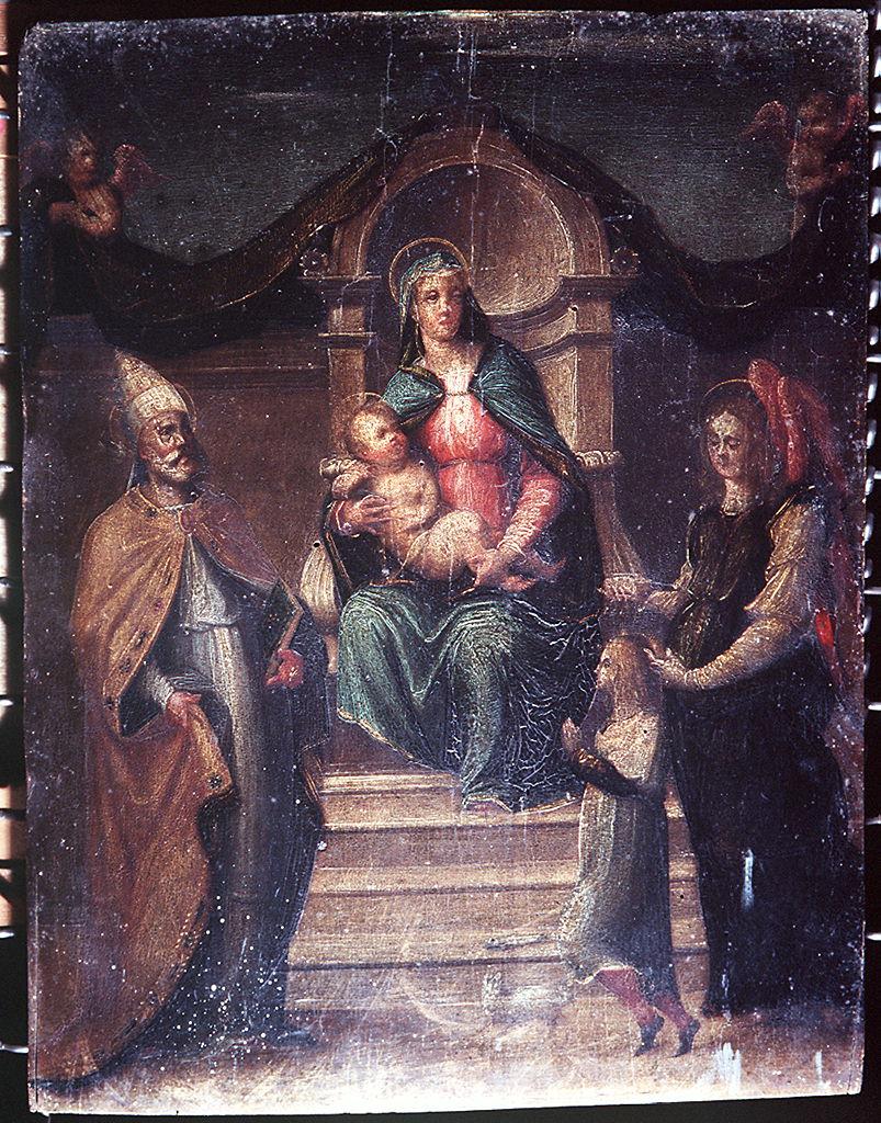 Madonna con Bambino, San Gregorio Magno, Tobia e Raffaele arcangelo (dipinto) di Larciani Giovanni di Lorenzo (attribuito) (primo quarto sec. XVI)