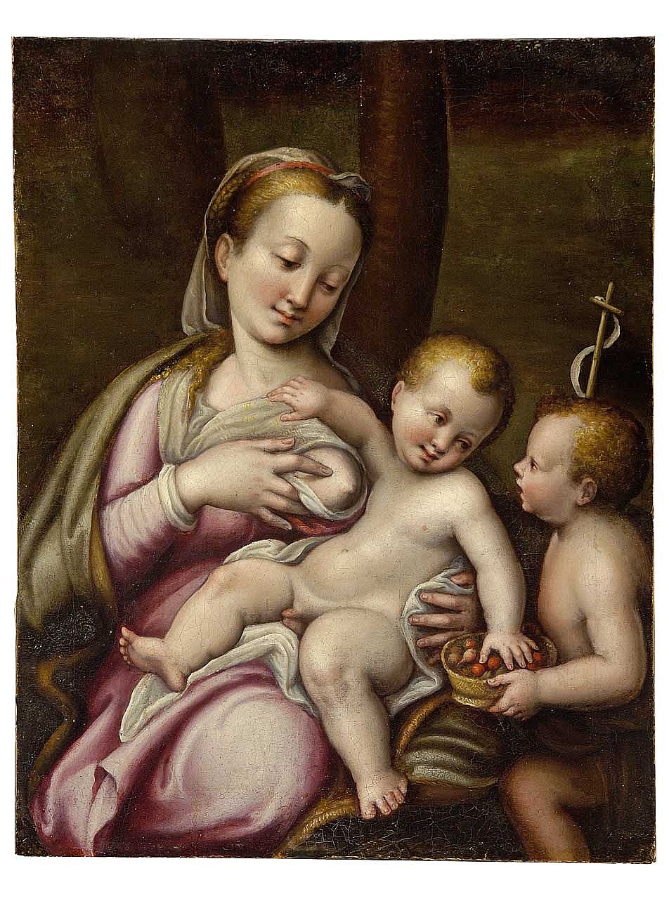 Madonna con Bambino e San Giovannino (dipinto) di Correggio (maniera) (sec. XVI)