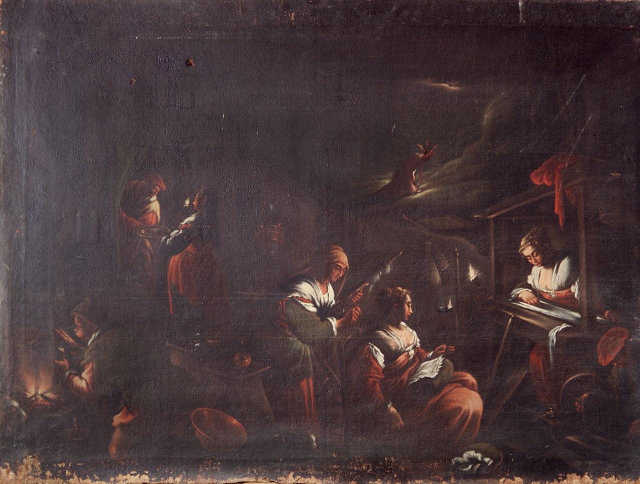 filatrici, arrotino, figura in preghiera (dipinto) di Da Ponte Francesco detto Bassano il Giovane (bottega) (sec. XVI)