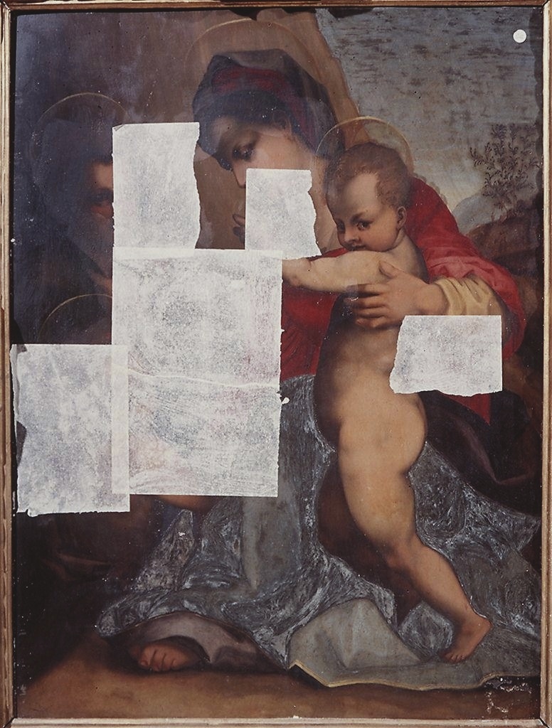 Madonna con Bambino, San Giovannino, santi (dipinto) di Andrea del Sarto (maniera) (sec. XVI)