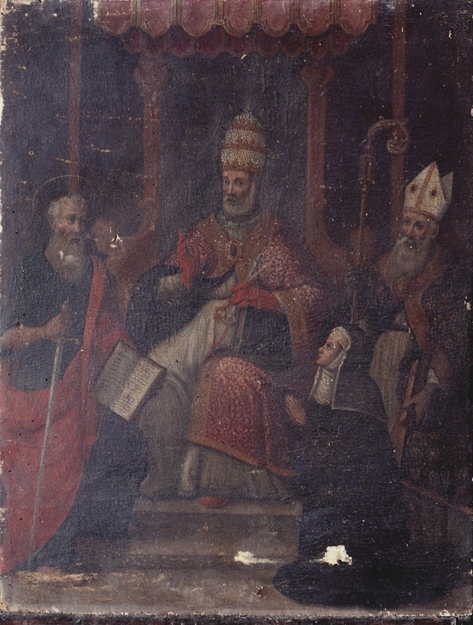 San Pietro, San Paolo, santo vescovo, devota dell'ordine vallombrosano (dipinto) - ambito fiorentino (prima metà sec. XVI)