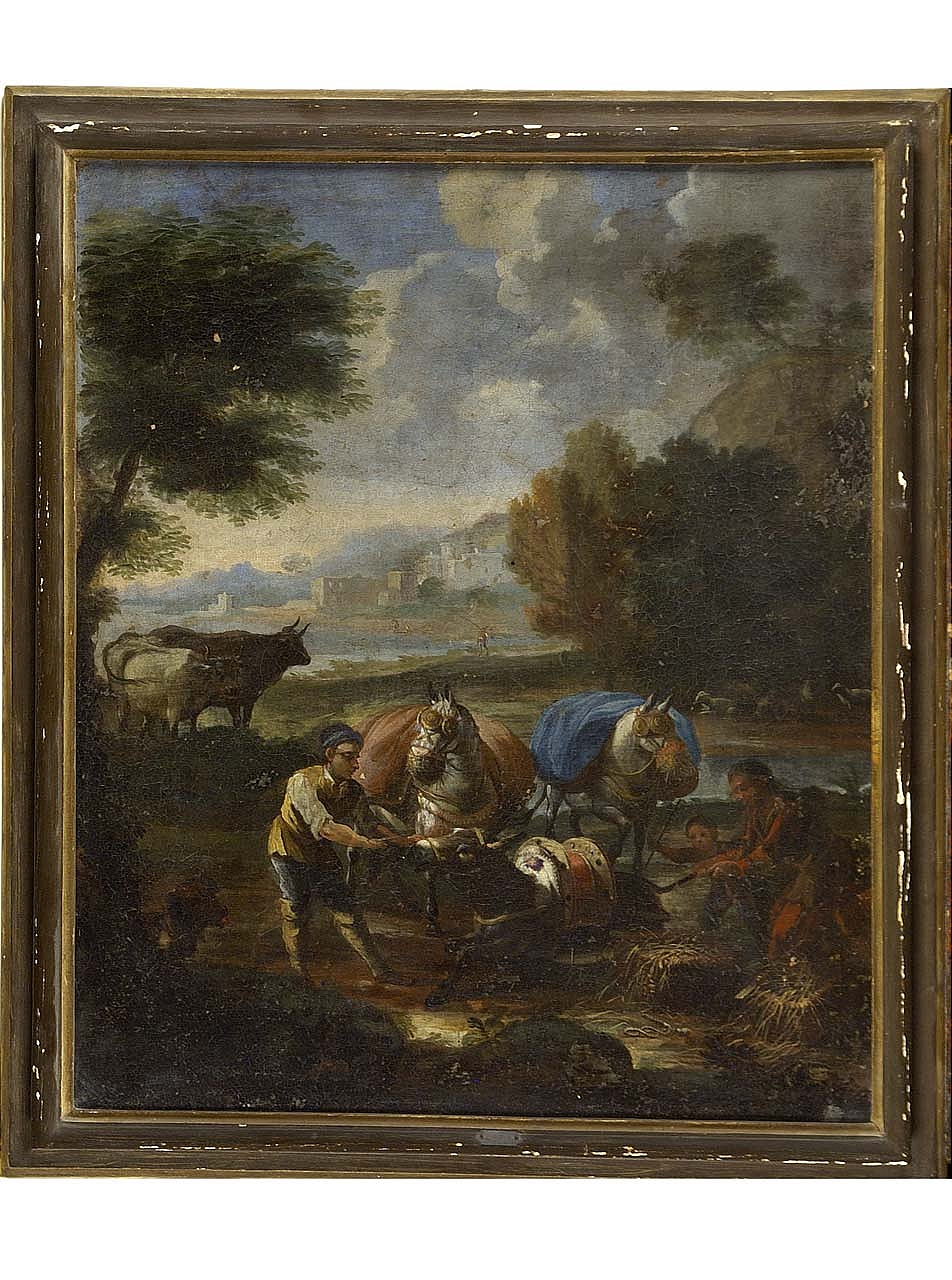 paesaggio con figure e animali presso un guado (dipinto) - ambito olandese (secondo quarto sec. XVII)