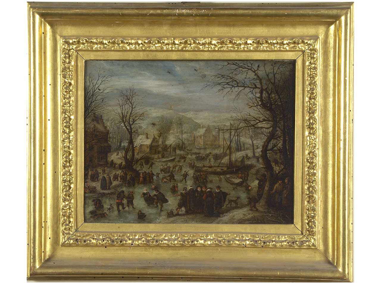 paesaggio con pattinatori sul fiume (dipinto) - ambito fiammingo (sec. XVII)