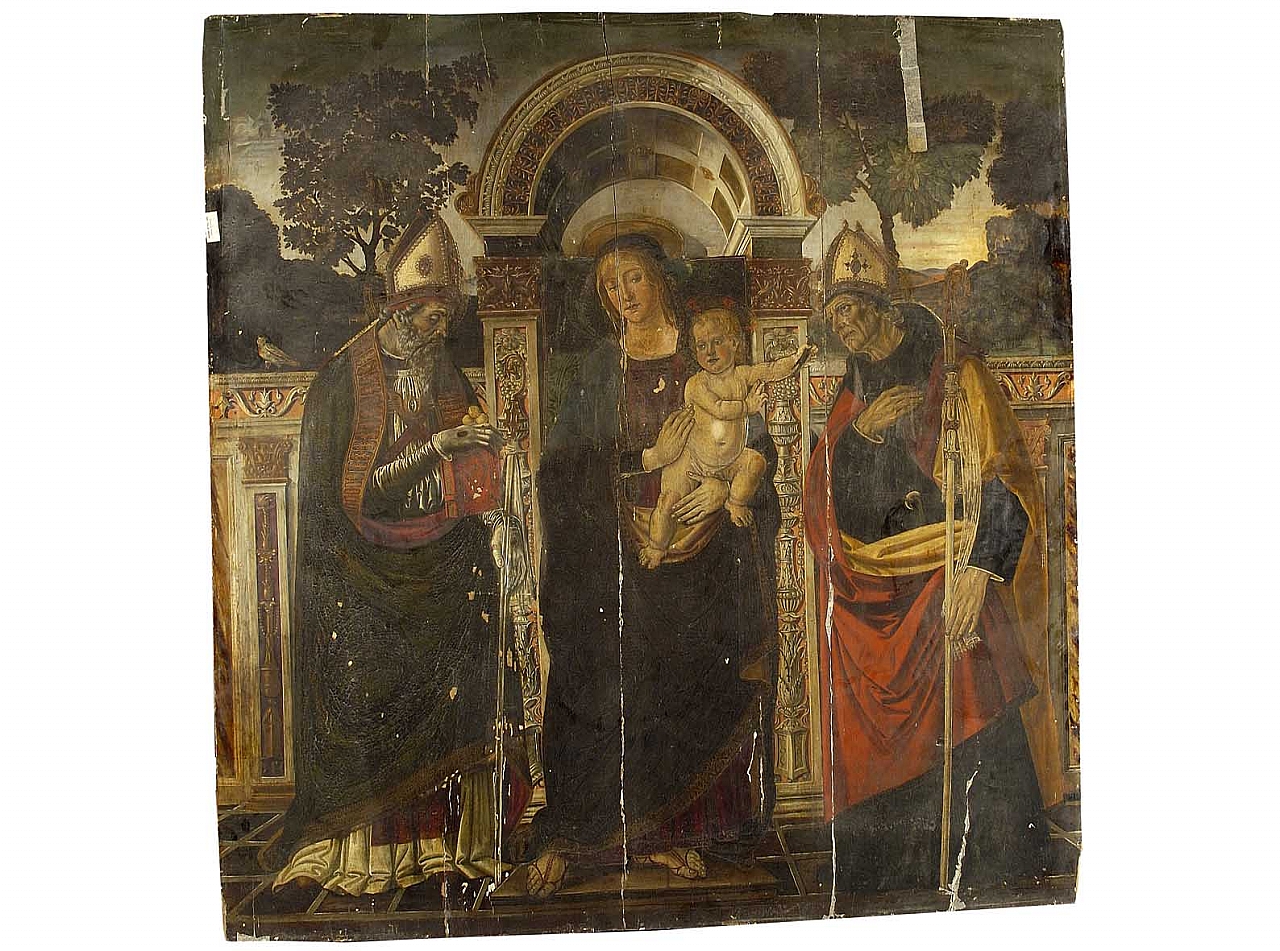 Madonna con Bambino in trono tra San Nicola di Bari e Sant'Agostino (dipinto) - ambito fiorentino (sec. XV)