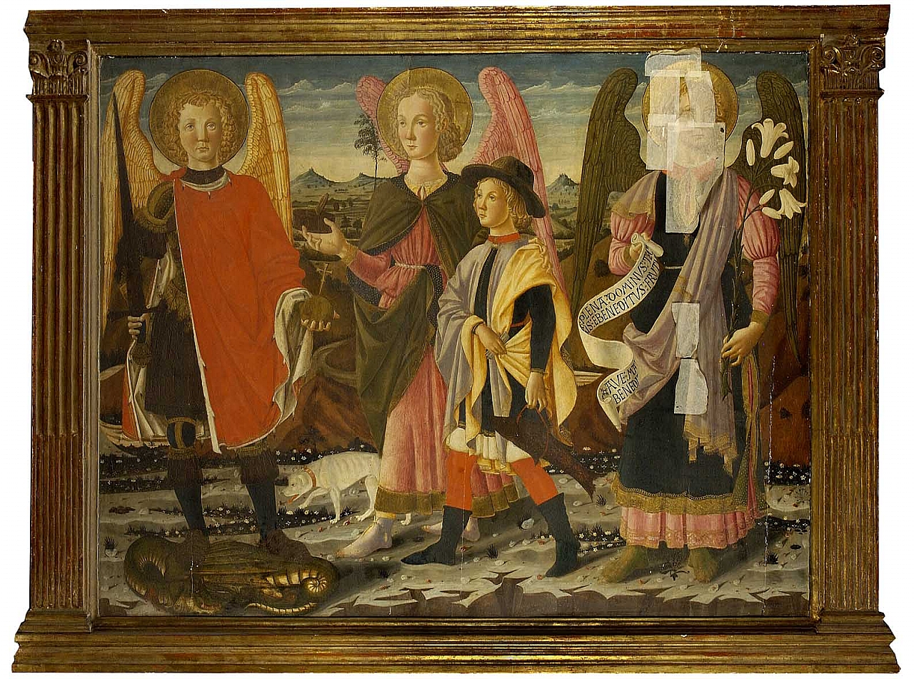 San Michele Arcangelo San Gabriele arcangelo San Raffaele arcangelo e Tobia (dipinto) di Neri di Bicci (cerchia) (sec. XV)