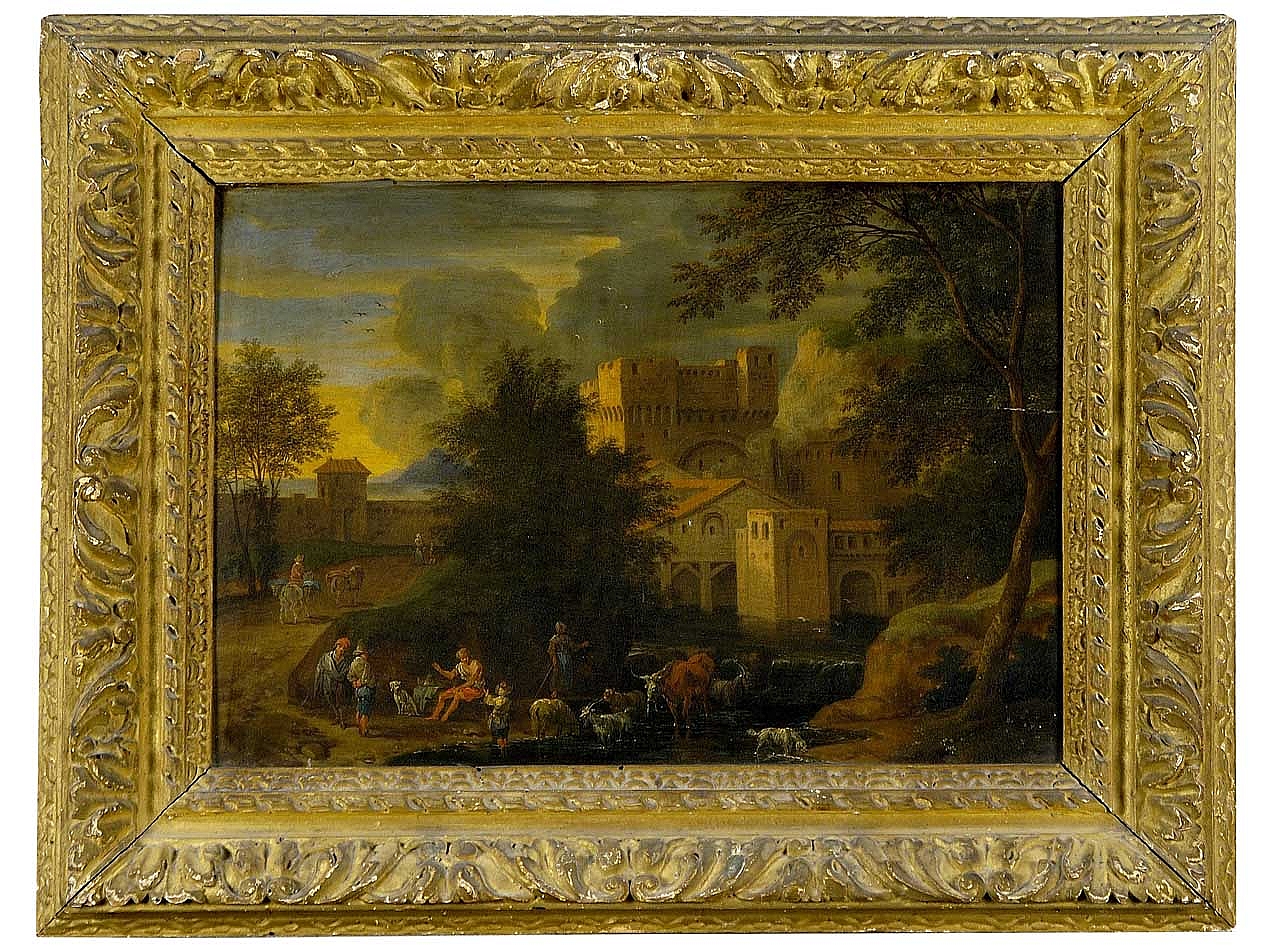 paesaggio con fortezza sulle rive di un fiume (dipinto) di Baudewijn Adrien-François, Bout Pieter (sec. XVII)