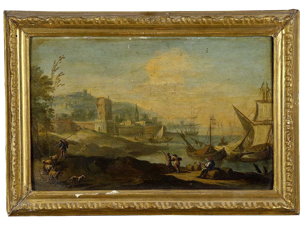 paesaggio con insenatura marina e fortezza (dipinto) - ambito romano o fiammingo (sec. XVII)