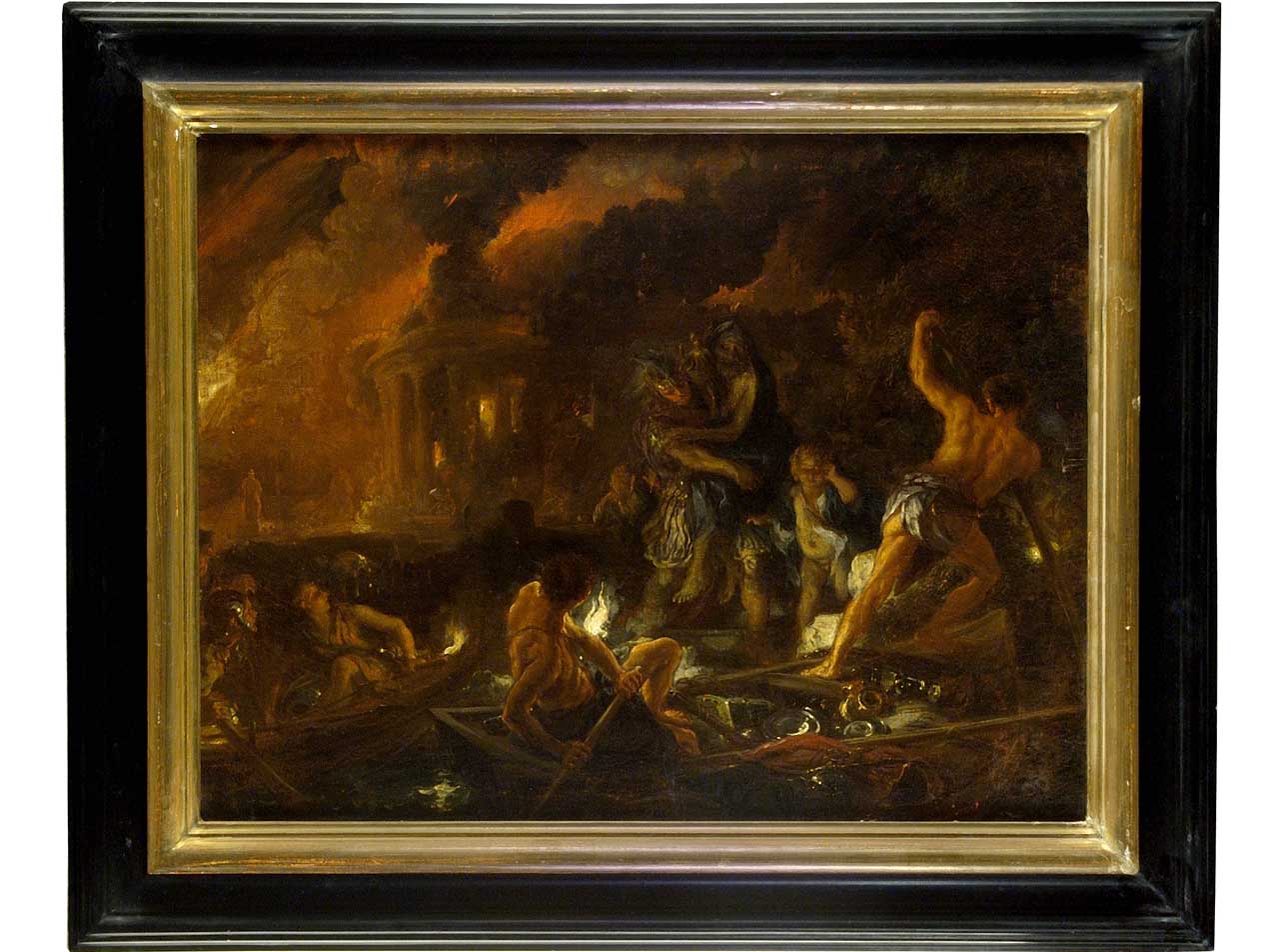 Enea e Anchise fuggono da Troia in fiamme (dipinto) di Mehus Livio (sec. XVII)