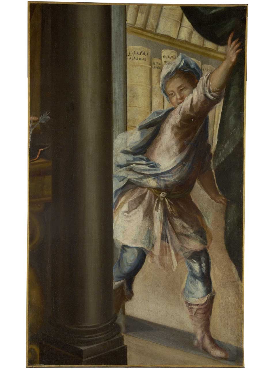 ragazzo che scosta una tenda (dipinto) - ambito toscano (sec. XVII)