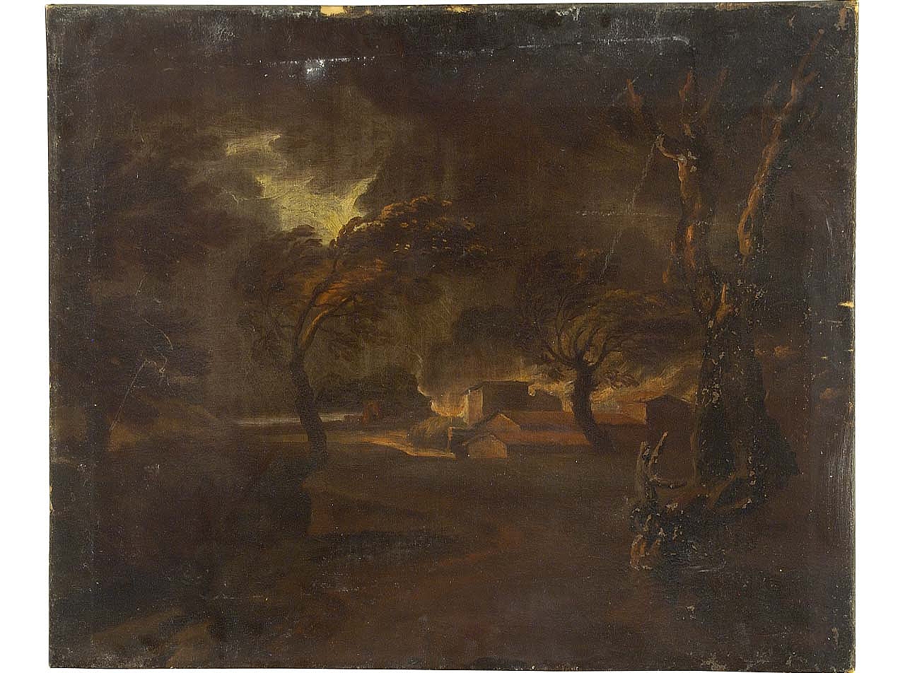 paesaggio con incendio (dipinto) - ambito fiorentino (sec. XVII)