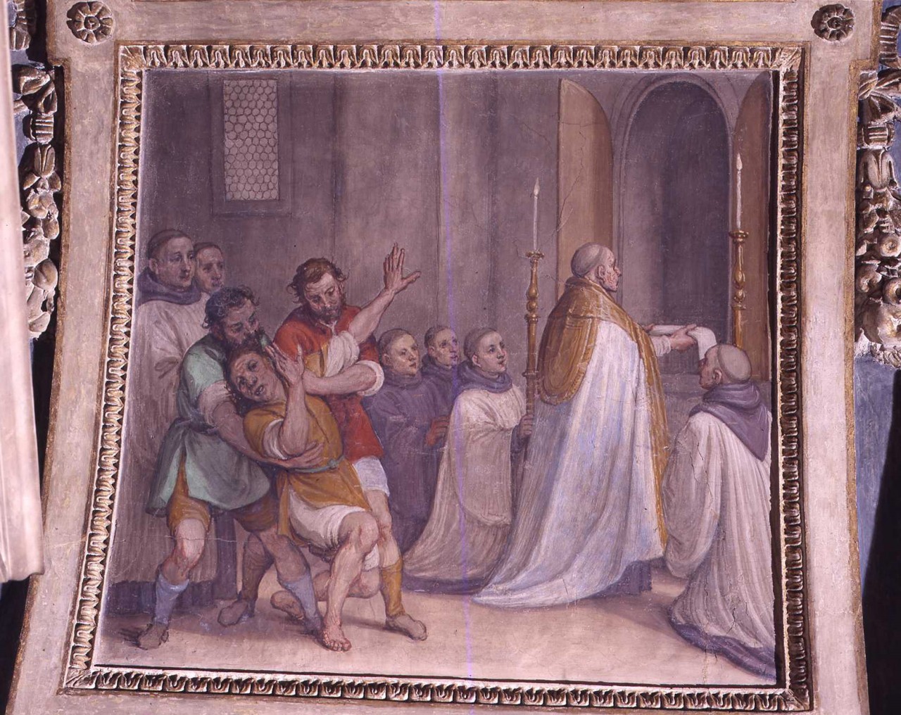 la reliquia di S. Giovanni Gualberto esorcizza un indemoniato (dipinto murale, ciclo) di Cresti Domenico detto Passignano (fine sec. XVI)