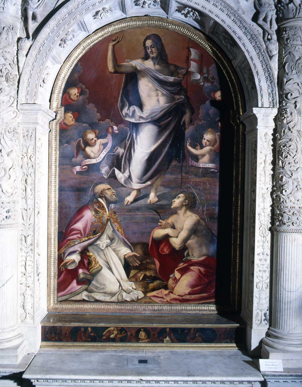 Cristo risorto tra angeli e santi/ Santi (dipinto) di Del Brina Francesco (metà sec. XVI)