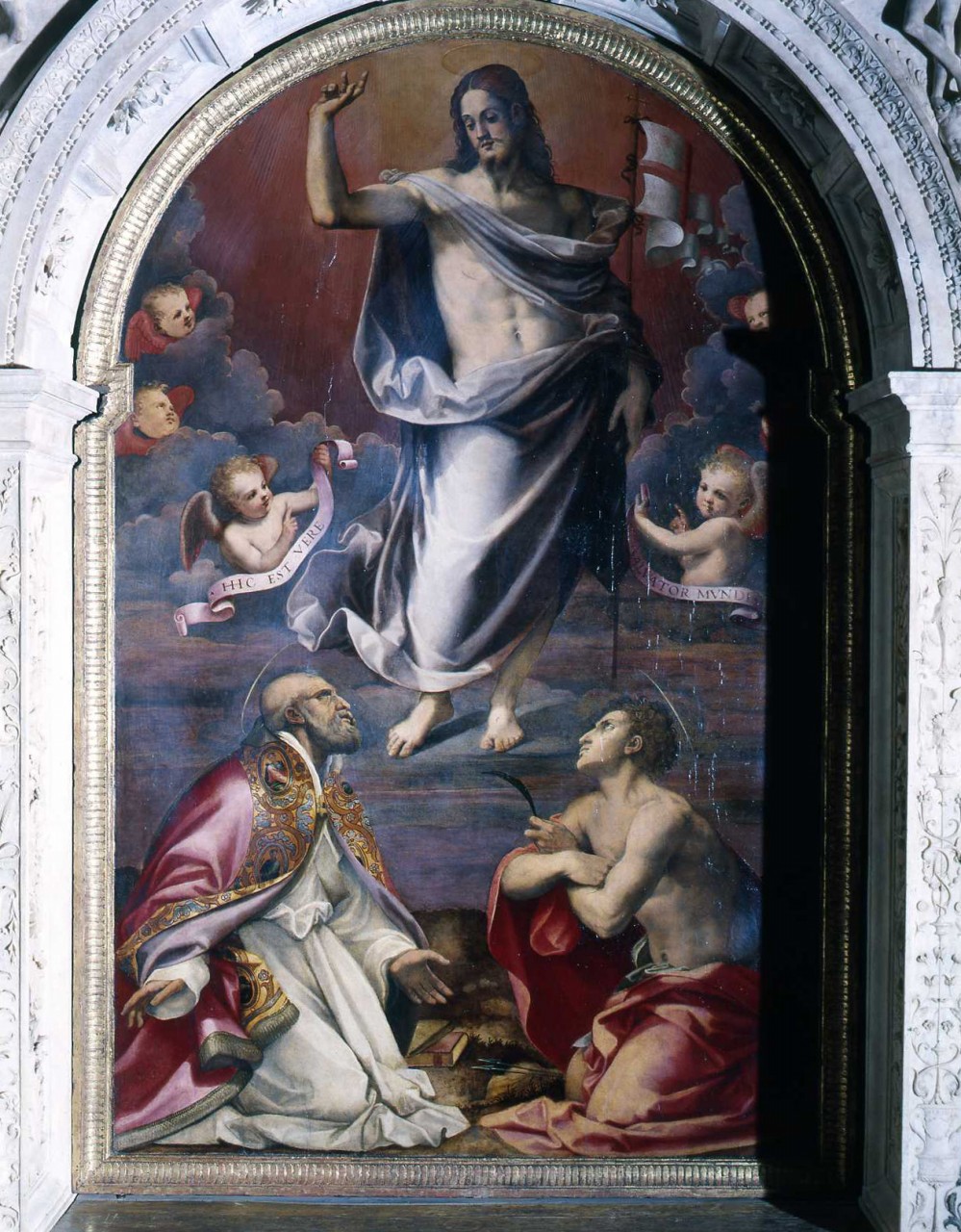 Cristo risorto tra angeli e santi (dipinto) di Del Brina Francesco (metà sec. XVI)