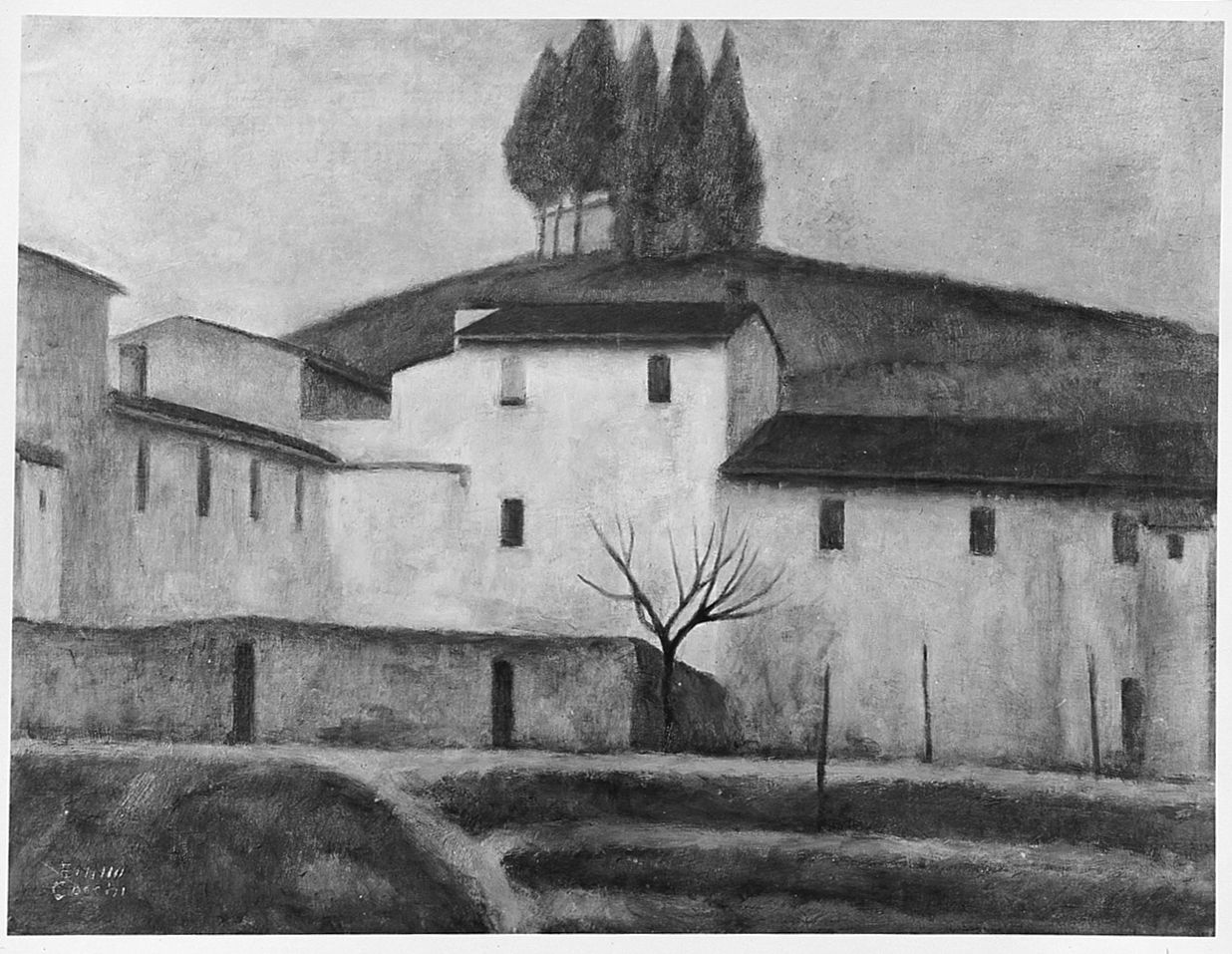 Paese, veduta di paese (dipinto) di Cocchi Ennio (sec. XX)