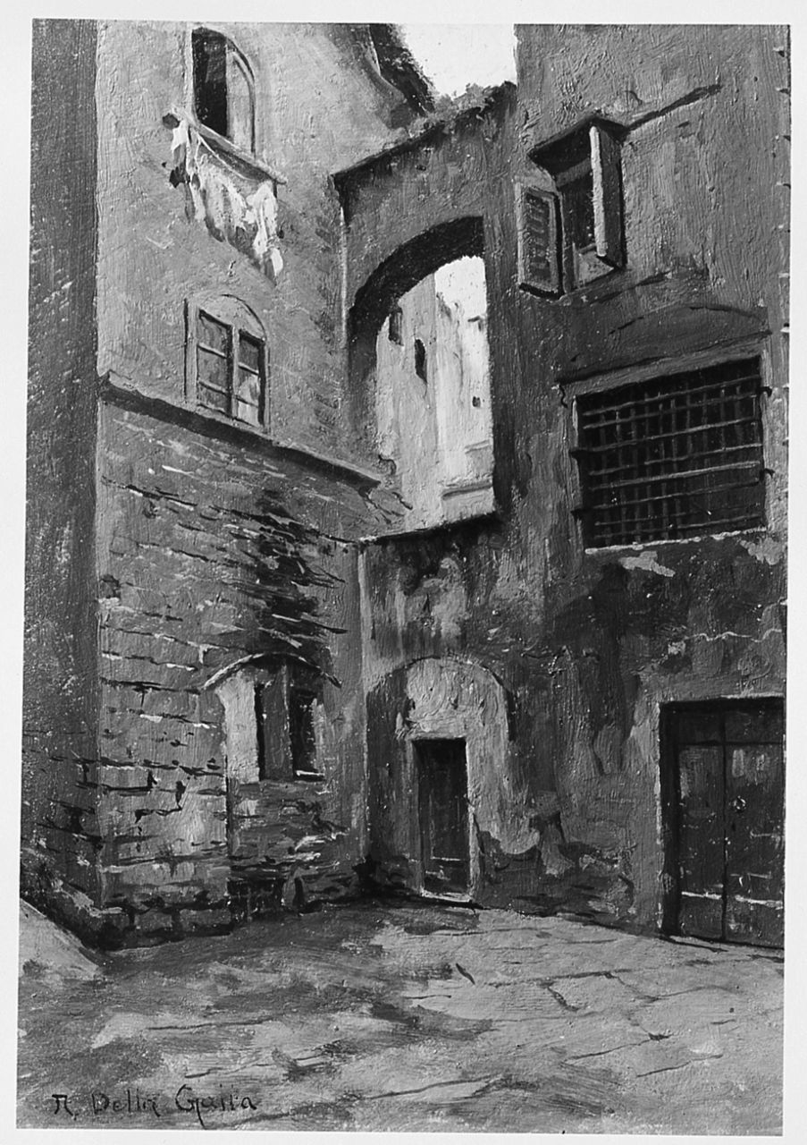 Veduta di un antico angolo di strada, veduta di angolo di strada (dipinto) di Della Gatta Nino (sec. XX)