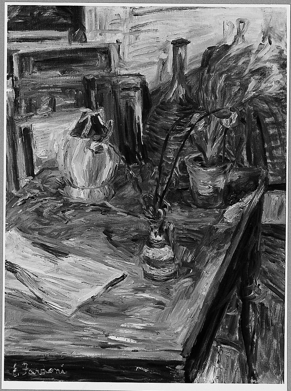 Studio, interno (dipinto) di Faraoni Enzo (sec. XX)