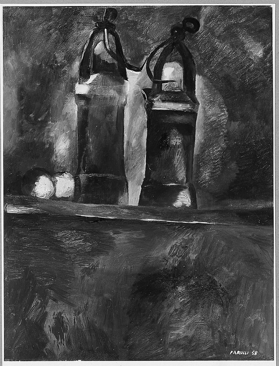 Lampade da minatore, natura morta (dipinto) di Farulli Fernando (sec. XX)