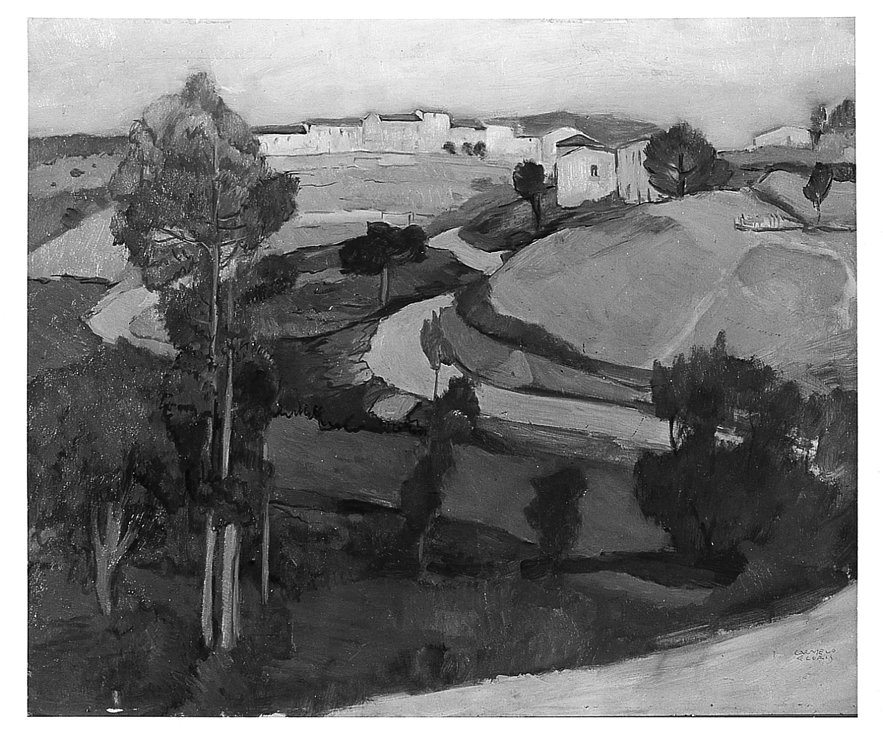 La strada di Lodine, veduta di Lodine (dipinto) di Floris Carmelo (sec. XX)