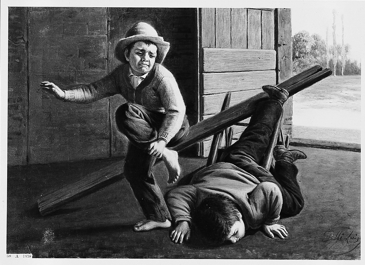 L'altalena, bambini che giocano (dipinto) di Folli Luigi (sec. XIX)