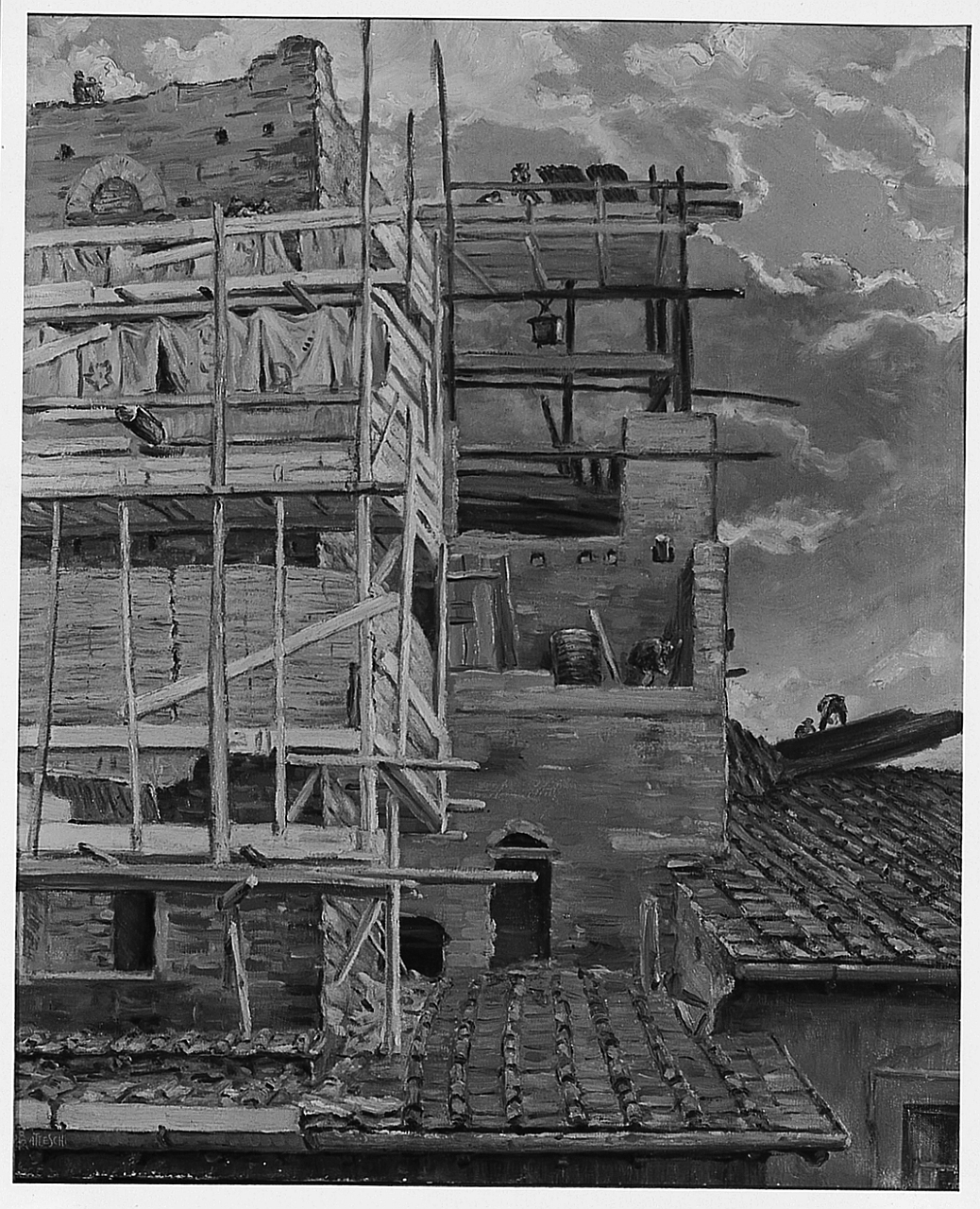 Restauri alla torre (Operai che restaurano una torre in Borgo degli Albizi ), torre in borgo degli Albizi (dipinto) di Gatteschi Roberto Pio (sec. XX)