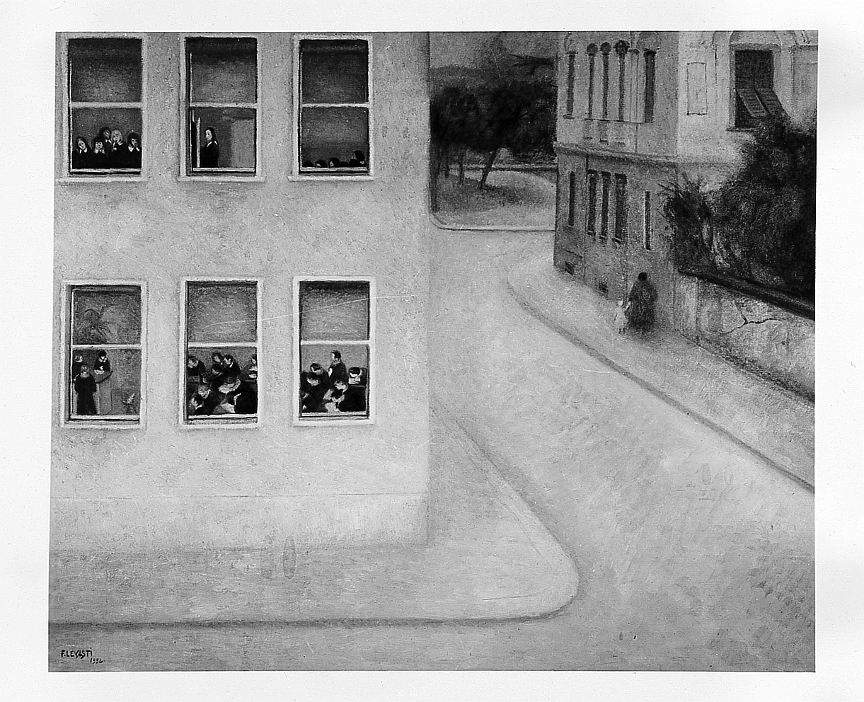 Una scuola, una strada, una piazza, veduta di città (dipinto) di Giorgi Levasti Fillide (sec. XX)