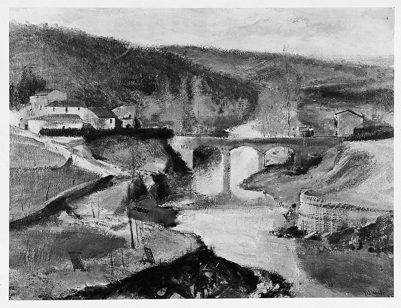 Ponte all'Asse, paesaggio fluviale (dipinto) di Granchi Vittorio (sec. XX)