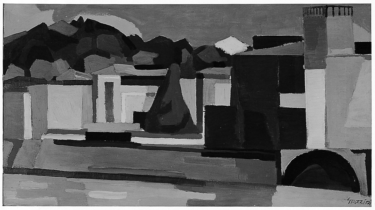 Case sull'Arno, paesaggio (dipinto) di Grazzini Renzo (sec. XX)