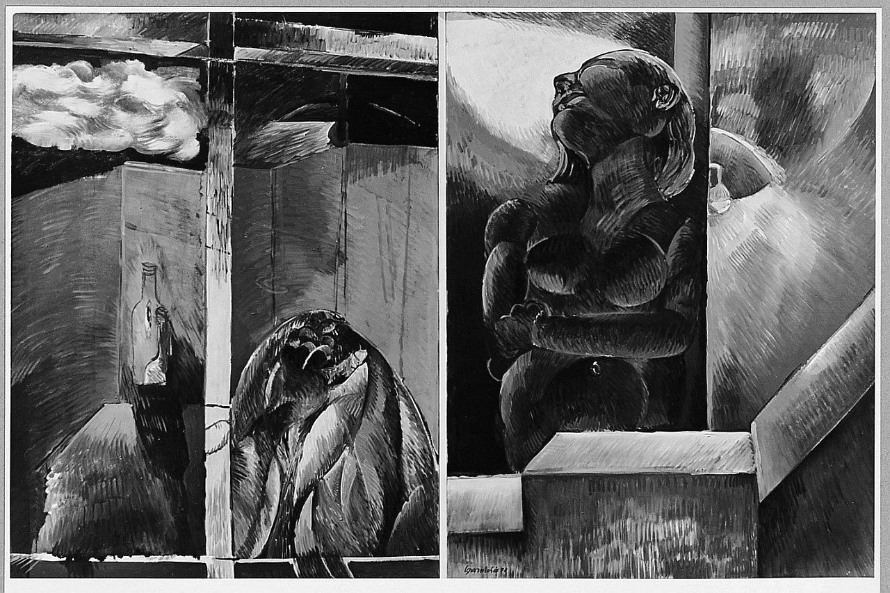 La donna, la finestra, le nuvole, soggetto astratto (dipinto) di Guerricchio Luigi (sec. XX)