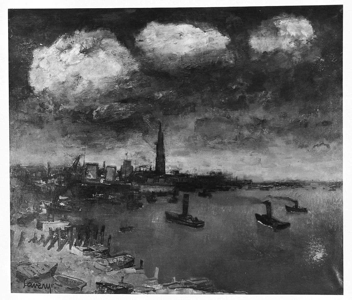 veduta di Anversa (dipinto) di Saverys Alberto (sec. XX)