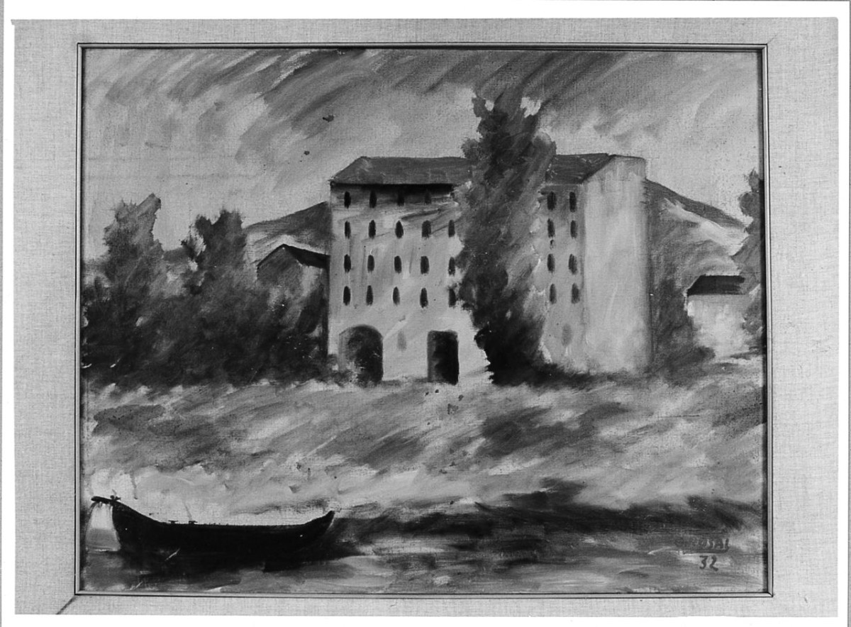Case sul greto, paesaggio (dipinto) di Rosai Ottone (sec. XX)