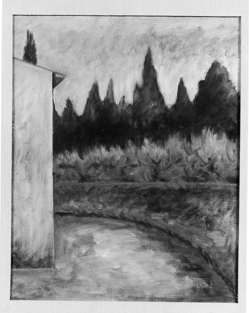 Strada con olivi e cipressi, paesaggio (dipinto) di Rosai Ottone (sec. XX)