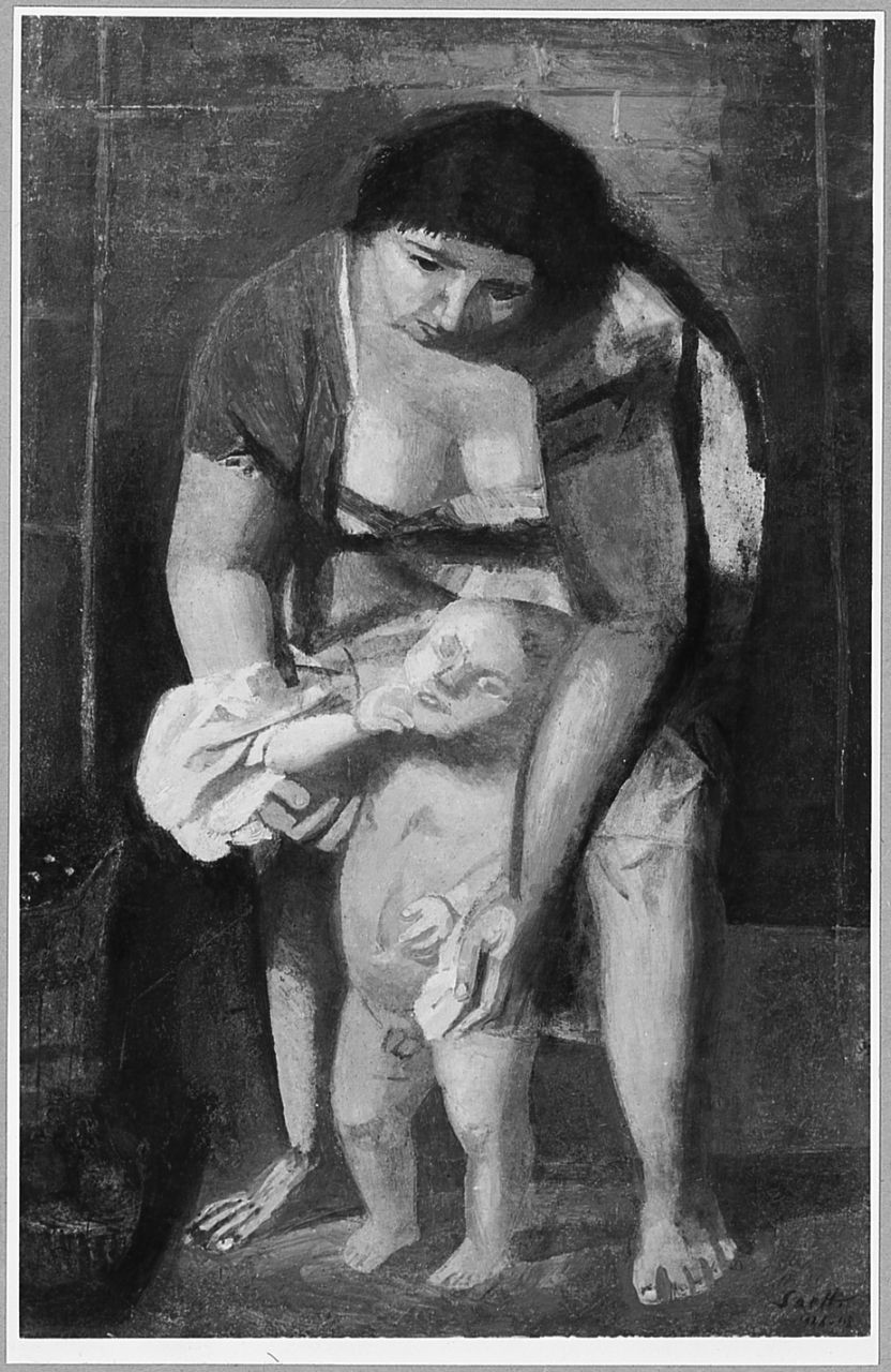 giovane madre con infante (dipinto) di Saetti Bruno (sec. XX)