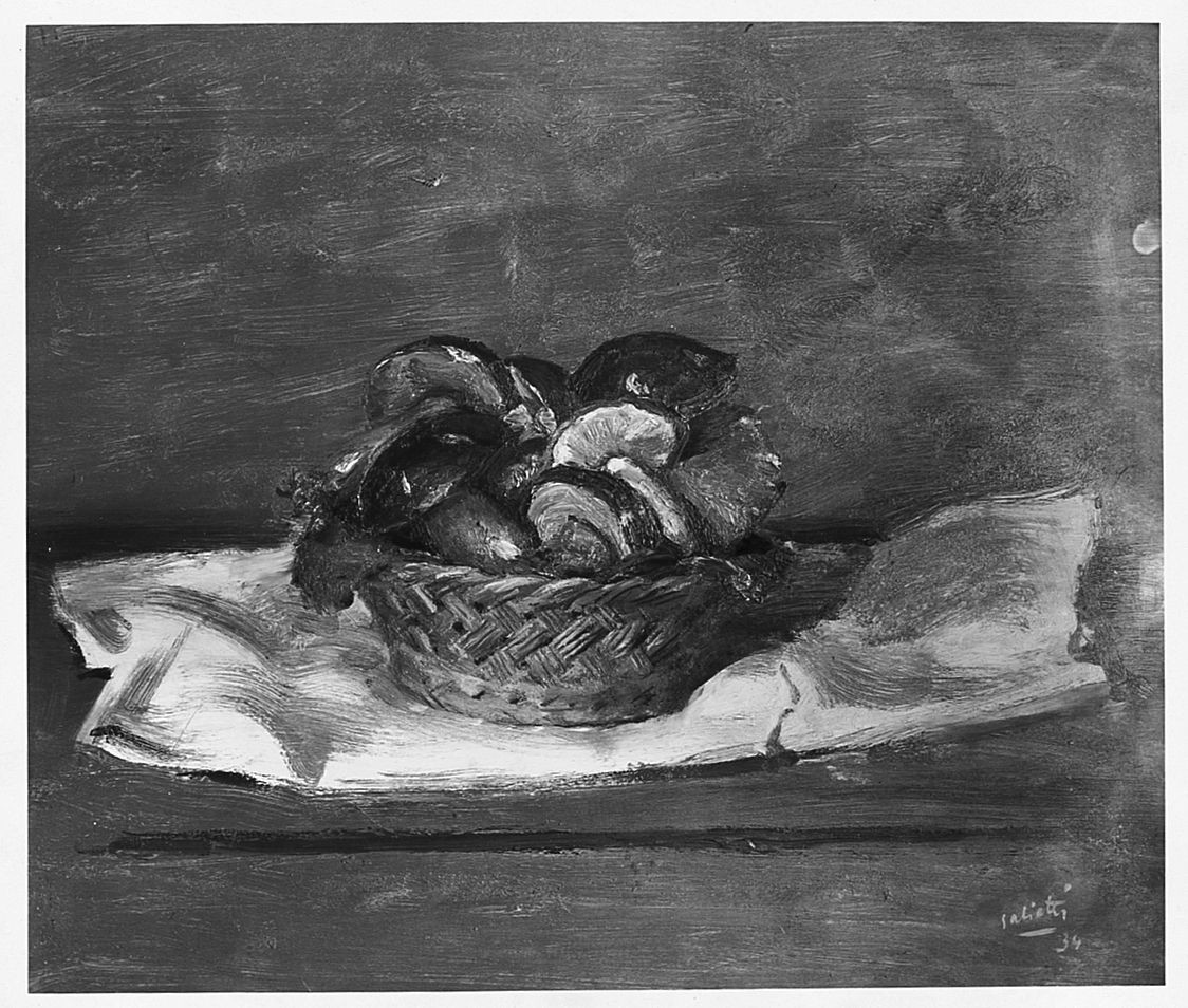 Cestino di funghi, natura morta (dipinto) di Salietti Alberto (sec. XX)