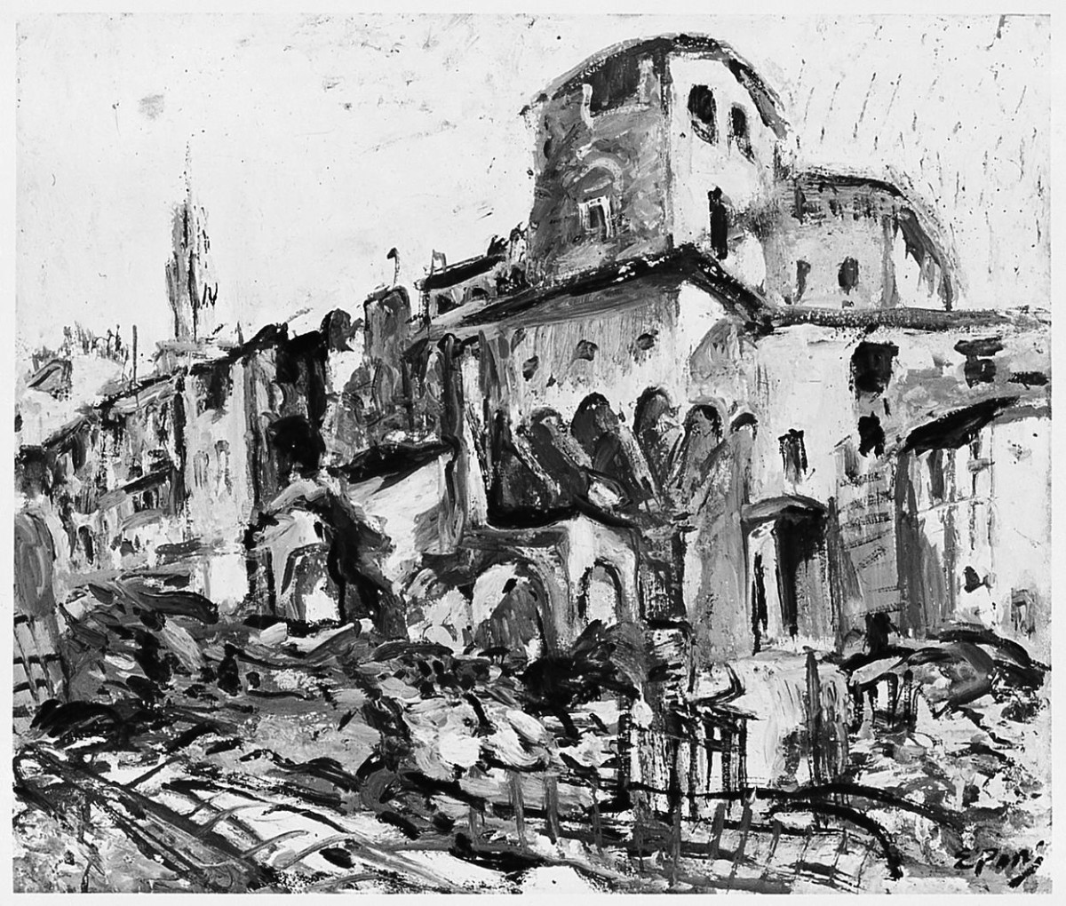 Rovine della guerra, paesaggio con rovine (dipinto) di Pozzi Ennio (sec. XX)