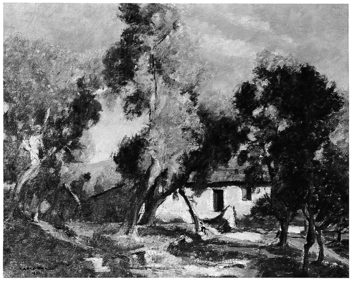 La casa dell'uliveto, paesaggio con alberi (dipinto) di Prada Carlo (sec. XX)