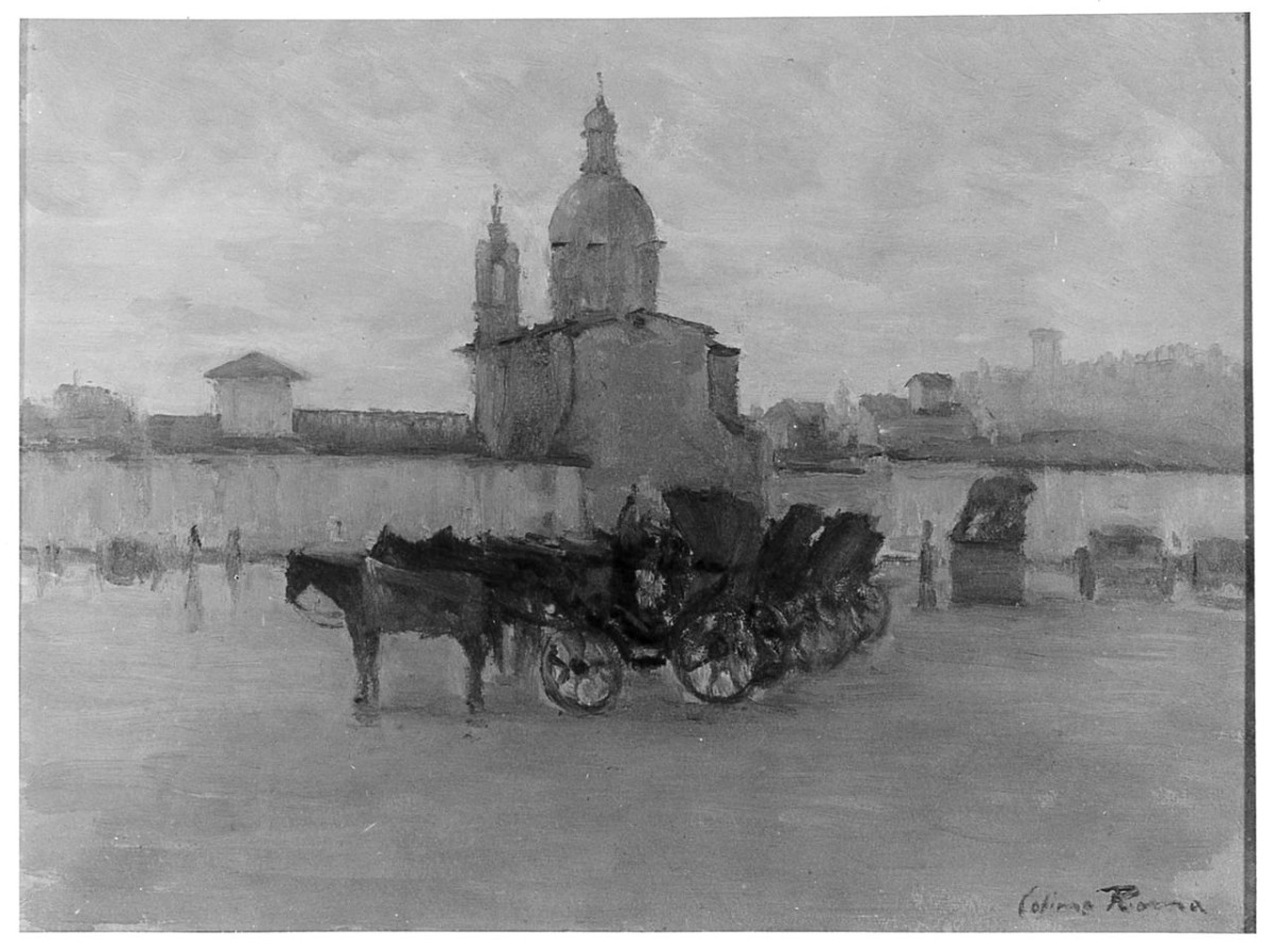 Piazza fiorentina (La chiesa del Cestello fra la foschia), piazza del Cestello a Firenze (dipinto) di Roma Cosimo (sec. XX)