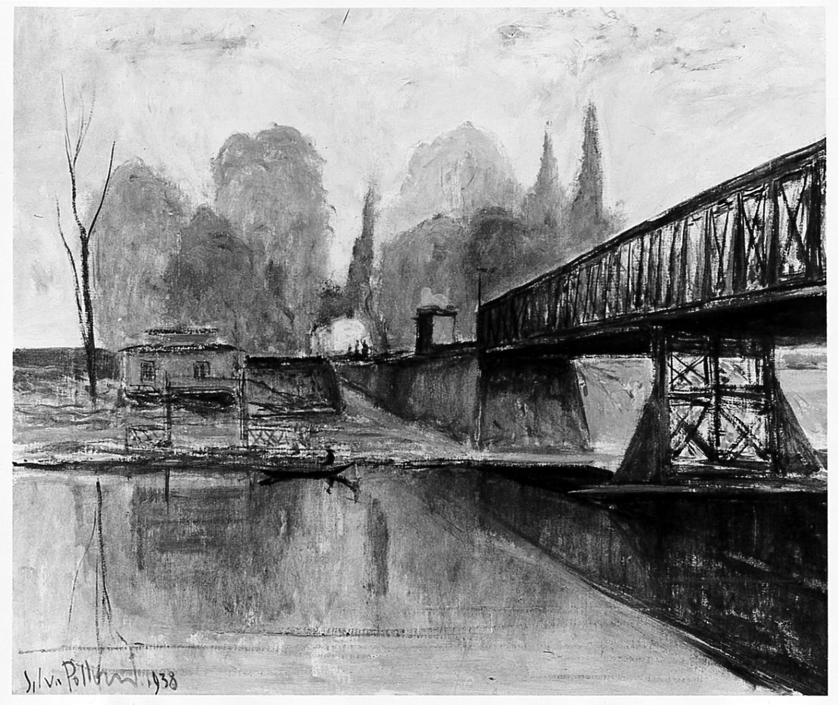 Ponte di ferro, paesaggio fluviale (dipinto) di Polloni Silvio (sec. XX)