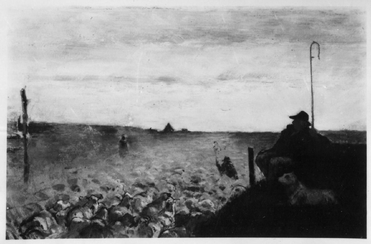 pastore seduto con gregge (dipinto) di Cecconi Eugenio (secc. XIX/ XX)