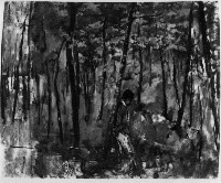 Il bosco del pollaio, bosco con figura maschile (dipinto) di Ferroni Egisto (sec. XIX)