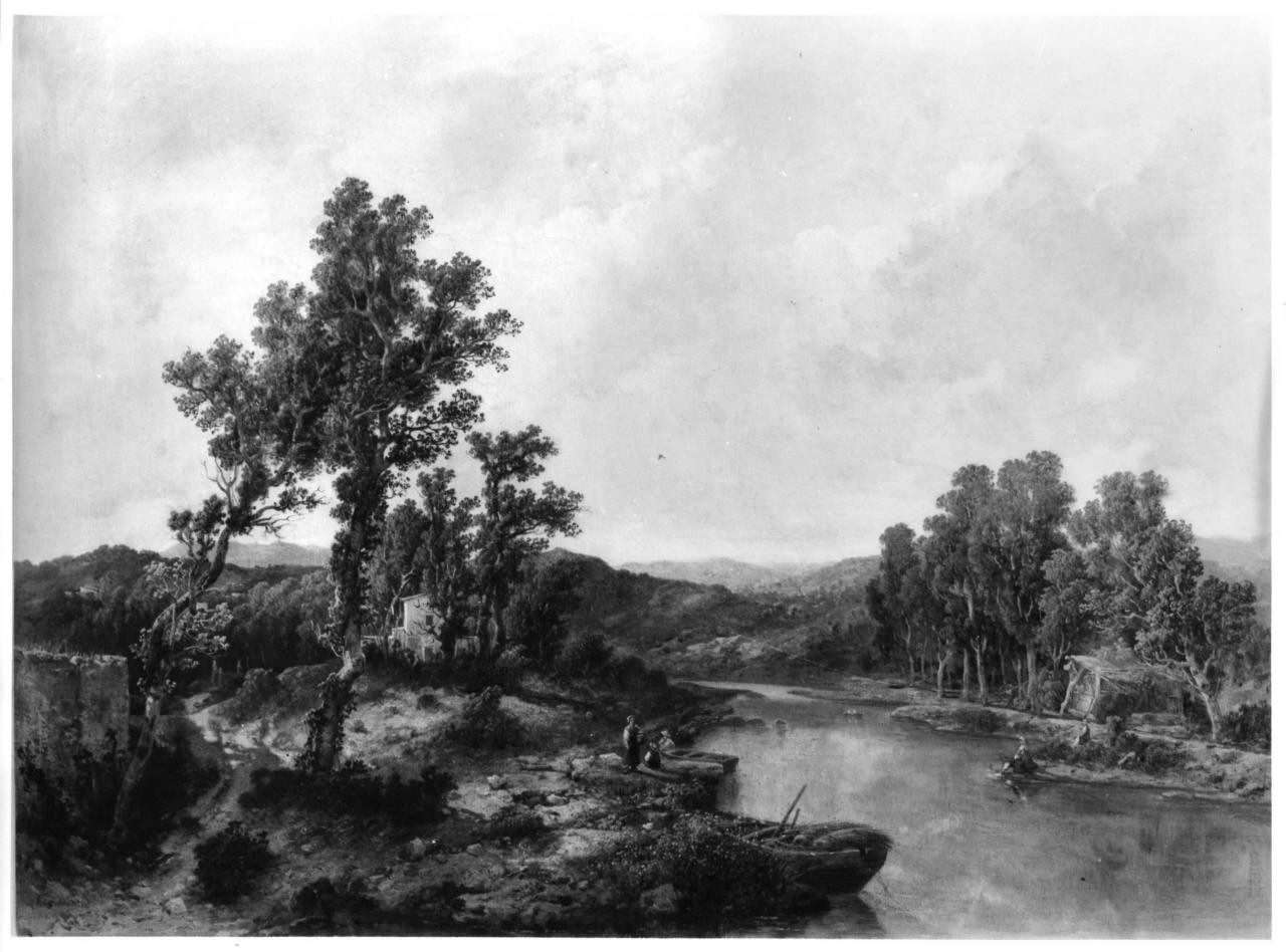 Veduta di paese lungo il Serchio, paesaggio fluviale (dipinto) di Donnini Emilio (seconda metà sec. XIX)