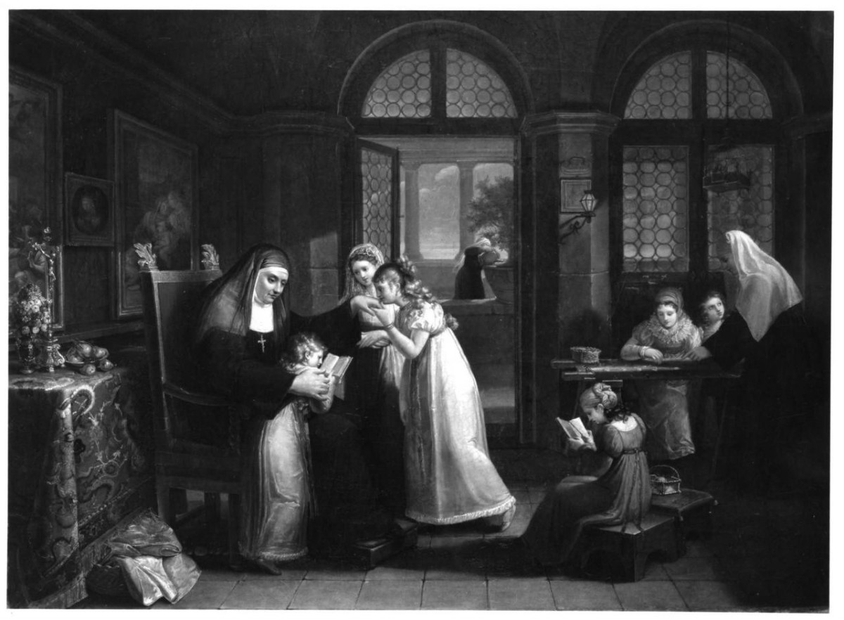 interno di conservatorio con figure femminili (dipinto) di Malenchini Matilde (sec. XIX)