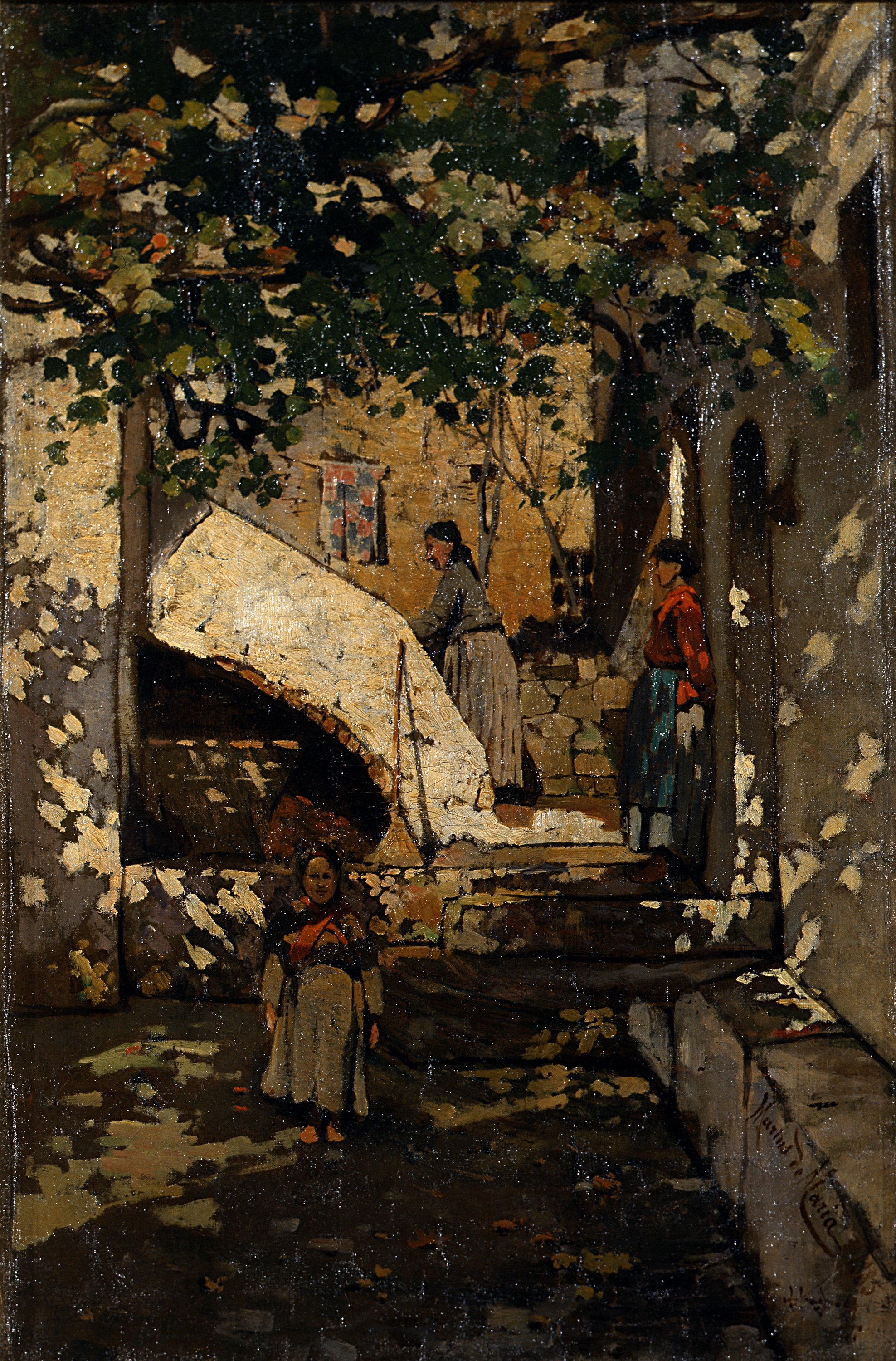 Sull'aia, cortile con figure (dipinto) di De Maria Mario (sec. XIX)