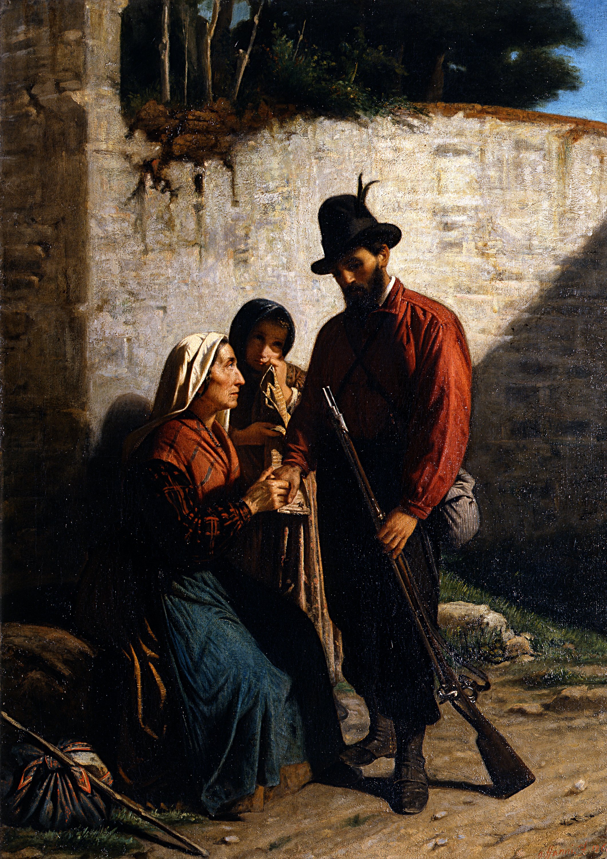 La partenza del garibaldino dalla propria famiglia nel 1859, scena familiare (dipinto) di Affanni Ignazio (sec. XIX)