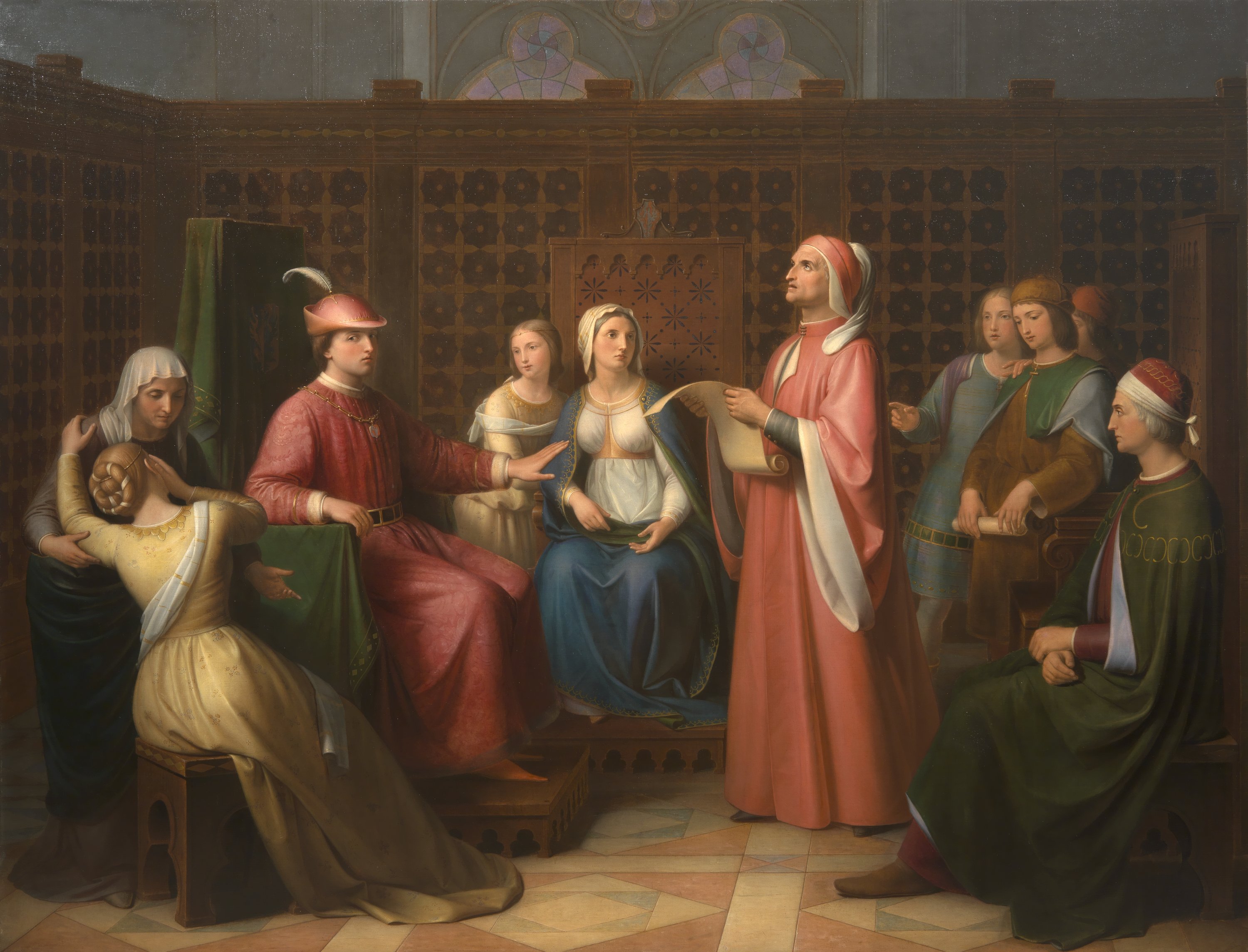 Dante legge la Divina Commedia alla corte di Guido Novello (dipinto) di Pierini Andrea (sec. XIX)