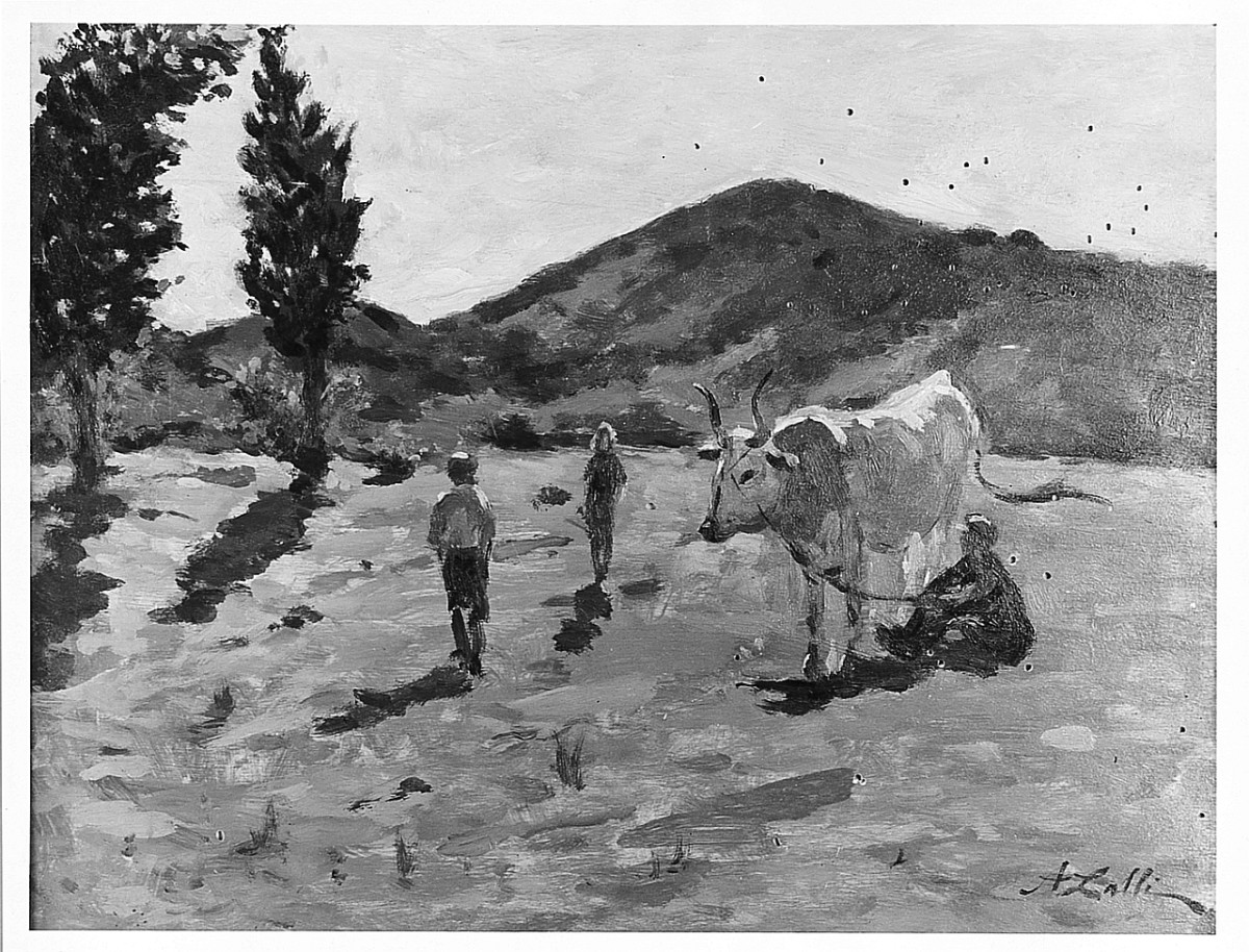 Pascolo a Badia Tebalda, pastori al pascolo con mucca (dipinto) di Lalli Averardo (sec. XX)