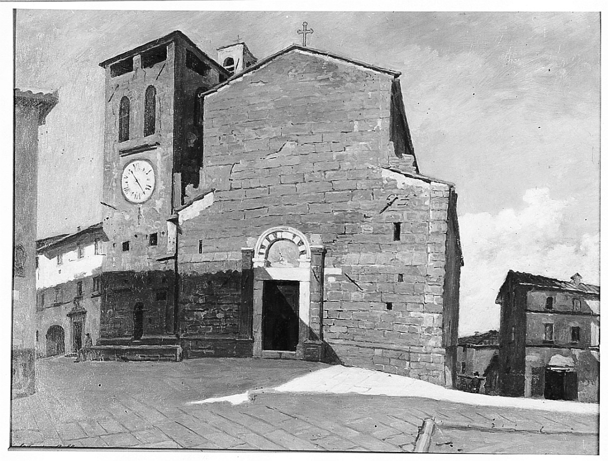 veduta della chiesa S. Andrea di Monte Carlo in Val di Nievole (dipinto) di Lalli Odoardo (sec. XX)