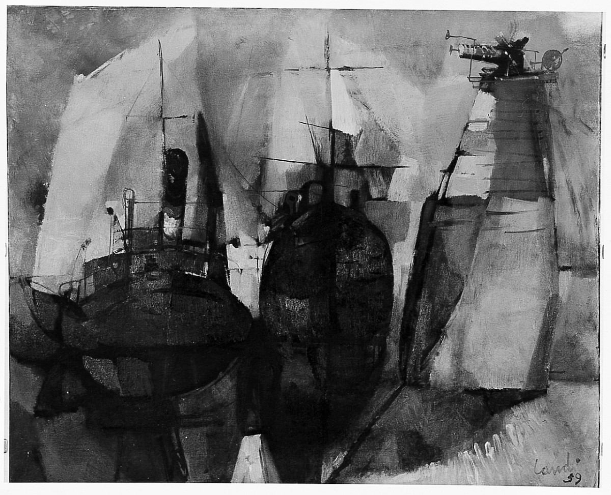 Bastimenti o navi sotto carico, paesaggio marino con barche (dipinto) di Landi Angelo Maria (sec. XX)