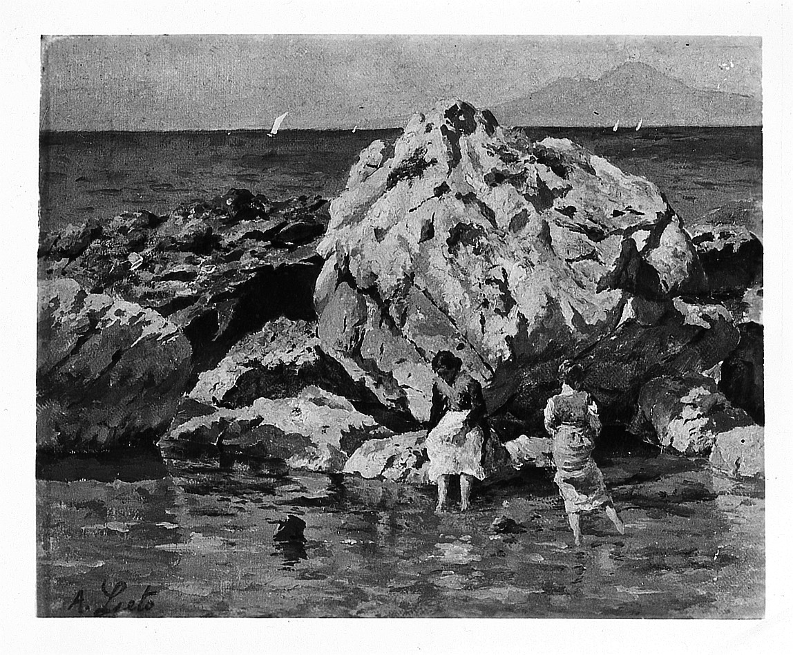 Marina, paesaggio marino con bagnanti (dipinto) di Leto Antonino (sec. XX)